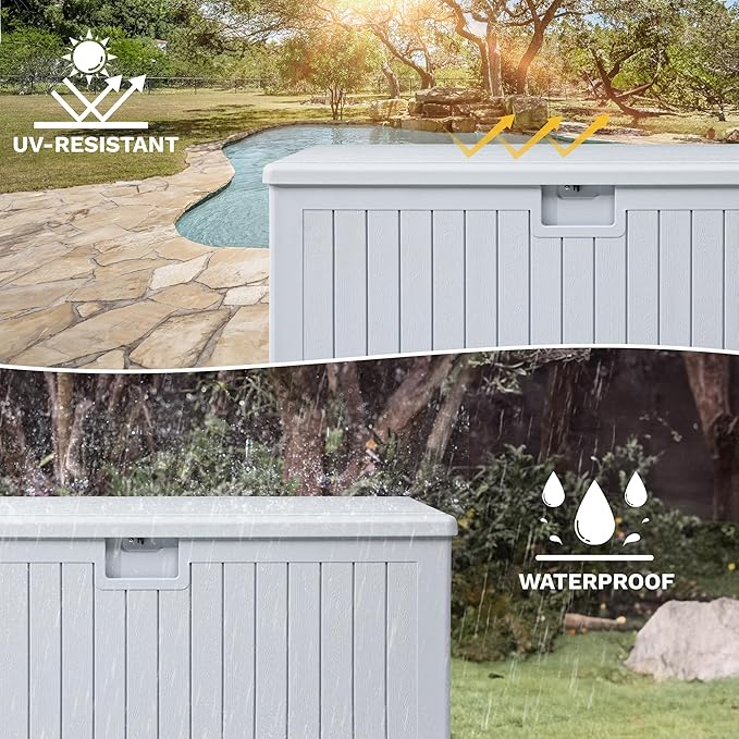 DWVO 180 Gallon Resin Outdoor Storage Box, XXL Double-Wall Waterproof Deck Box, Doubles as Table or Seating with 1000 lbs Capacity, Lockable (Grayish-White)