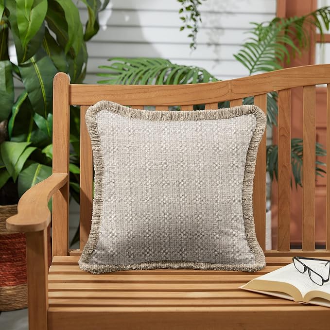 Sorra Home x Sunbrella Fringe Pillow, 18 x 18 x 6 inches, Cast Silver and Taupe
