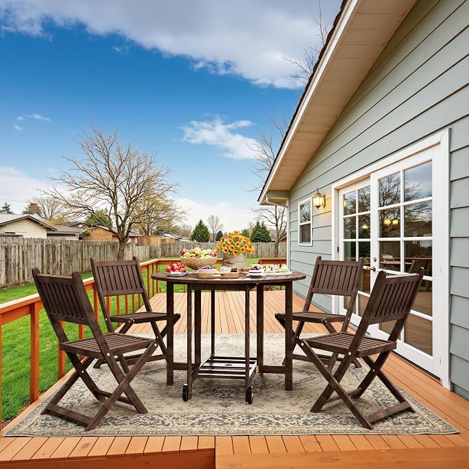 Greesum 5-Piece Outdoor Patio Dining Set, Acacia Wood Folding Bistro Set, All-Weather Furniture with Round Table & Chairs for Garden, Deck, Balcony, Pool, Dark Brown