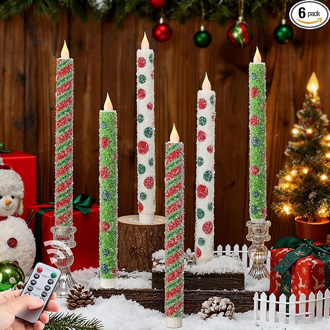 Christmas Elf Flameless Taper Candles - 6PCS Glitter Christmas Green Elf Theme Flickering LED Battery Operated Sea Salt Candles with Remote, Real Wax Party Decoration Candlesticks, Xmas Table Decor