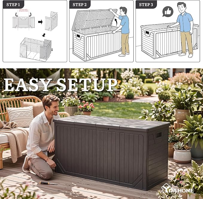 YITAHOME XXL 300 Gallon Extra Large Outdoor Deck Box, Lockable Resin Double-Wall Storage Box and Waterproof Patio Furniture Bin for Garden Tools & Pool Accessories, Brown