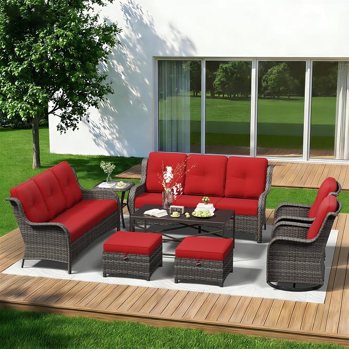 8 Piece Outdoor Wicker Patio Furniture Set, Outdoor Swivel Rocker Patio Chairs Set with Thickened Olefin Cushions, High Back and Deep Seating, Hand-Woven PE Rattan for Porch, Deck