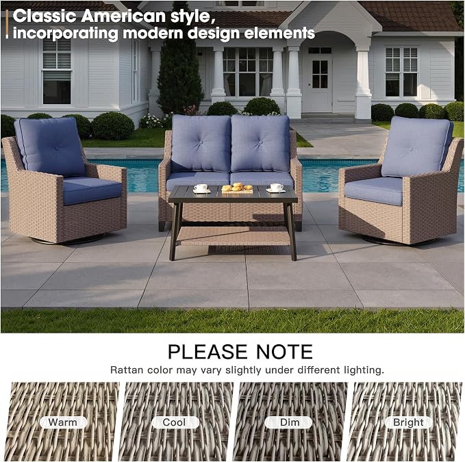 NestNook 4 Piece Patio Furniture Set, Outdoor Rattan Swivel Glider Chairs Set of 2 with Loveseat and Coffee Table Wicker Patio Conversation Set for Backyard Balcony & Poolside（Blue）