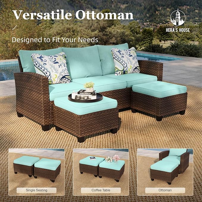 HERA'S HOUSE Patio Furniture Set with Swivel Glide Chairs, 5 Pieces Outdoor Conversation Sofa Sets, Deep Seating Brown Wicker Rattan Furniture Set for Lawn Deck Backyard, Blue