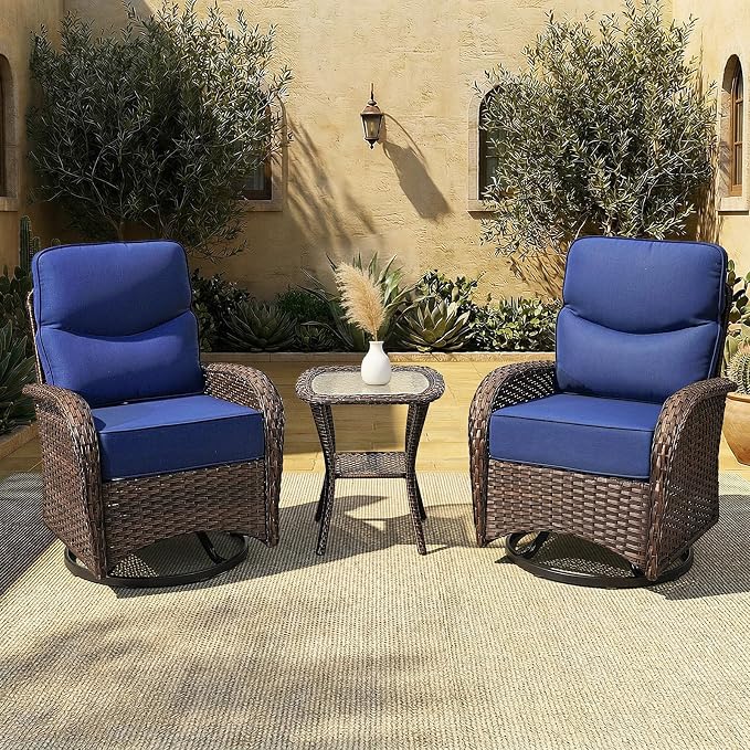 Patio Furniture Set with Luxury 6" Cushions, 3 Pieces Swivel Rocking Patio High Back Chairs, Outdoor Wicker Bistro Conversation Set for Balcony, Porch, Backyard, Poolside, Blue