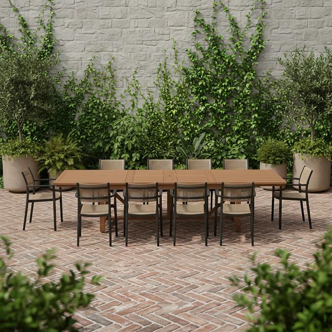 Urban Elements Duete 13-Piece Rectangular Extendable Patio Furniture Set | 100% Certified Teak Finish | Backyard Furniture, Outside Table and Chairs, Rectangular Outdoor Dining Set