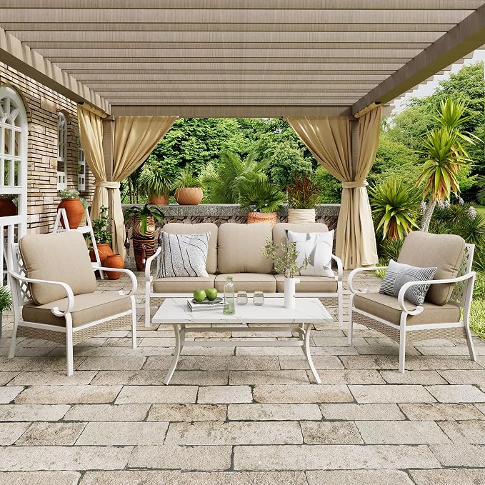 MIXPATIO 4 Piece Patio Furniture Set, 2 x Fixed Chair, 1 x 3-Seat Sofa with Marbling Coffee Table, All Cushioned 5 Seats Outdoor Conversation Set for Lawn Garden Backyard, Beige