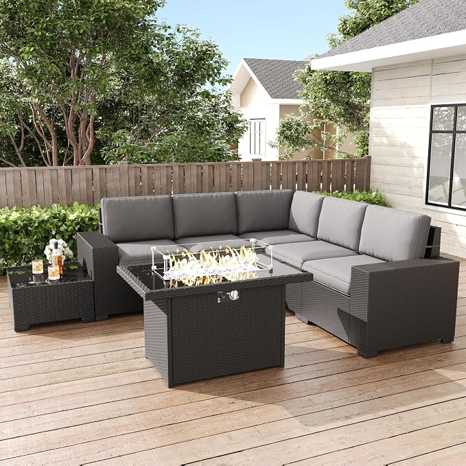 LayinSun 7 Pieces Patio Furniture Set with Fire Pit Table, Black Rattan Modular Sectional Patio Conversation Sofa Set