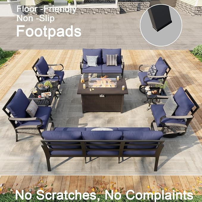 9 Pieces Patio Furniture Set, Metal Outdoor Conversation Sets with Fire Pit Table and Swivel Chairs for Backyard Garden Deck Porch Poolside (Thick Blue Cushions)