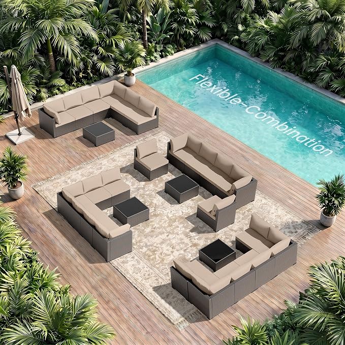Patio Furniture Set - All-Weather - 7 Piece Patio Outdoor Conversation Set, Modular Wicker Rattan Sectional Sofa for Backyard, Garden, Poolside, Balcony, Porch, Patio, Brown/Khaki