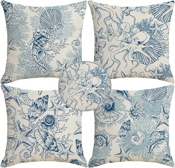 Outdoor Waterproof Throw Pillow Covers 18x18 inch Set of 4 Seahorse Seashell Coastal Toile Pillow Cases Blue Sea Coral Decorative Cushion Covers for Sofa Couch
