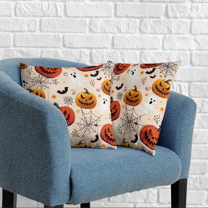 Halloween Pillow Covers 16x16 Set of 2 Jack-O-Lantern Bat Spider Web Ghost Throw Pillow Covers Horror Pumpkin Pillowcase Holiday Decor Cushion Case for Party Outdoor Sofa
