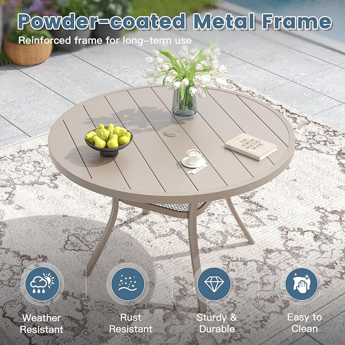 DIFY 7 Pieces Outdoor Patio Dining Set for 6, 47.2" Sandshell Round Dining Table and 6 Sandshell Stackable Sling Dining Chairs, Metal Outdoor Table and Chairs for Lawn Garden Backyard Deck