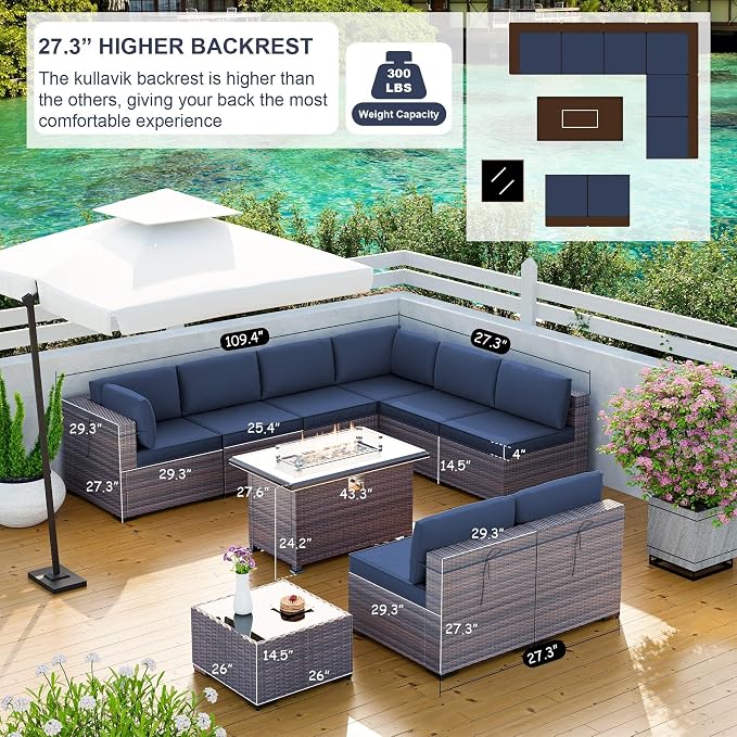 Kullavik 10 Pieces Outdoor Patio Furniture Set with 43" Gas Propane Fire Pit Table PE Wicker Rattan Sectional Sofa Patio Conversation Sets,Navy Blue