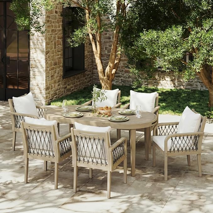 Christopher Knight Home Domac Acacia Wood Dining Table Set for 6, Solid Wood Outdoor Dining Set for 6, Oval Patio Dining Table and Chair Set with Cushion & Rope Accent, Cream Beige+Grey+Light Teak