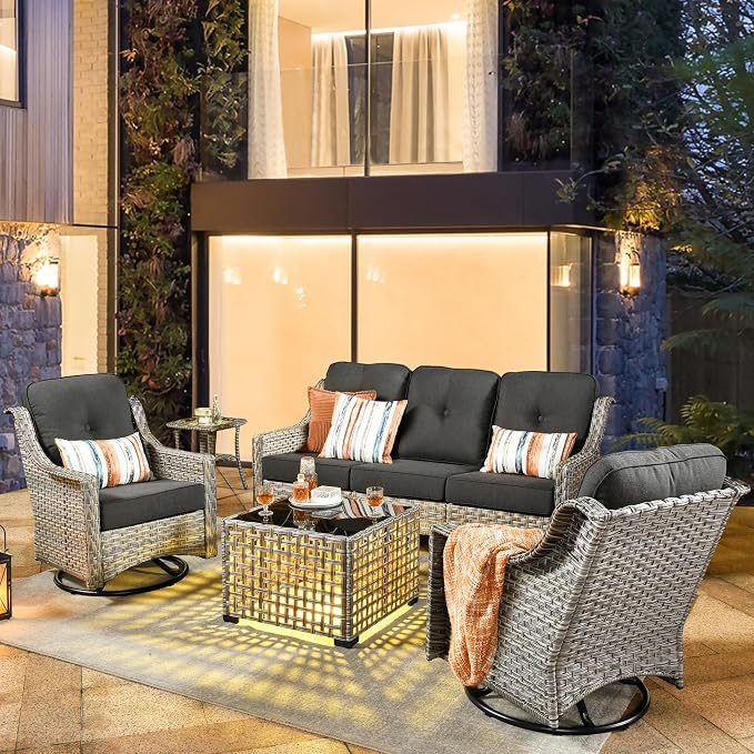 HOOOWOOO 5 Piece Patio Furniture Conversation Sets with Swivel Rocking Chairs,Outdoor Wicker Furniture with LED Tablet,All Weather Resistant High Back Rattan Conversational Set(Black)