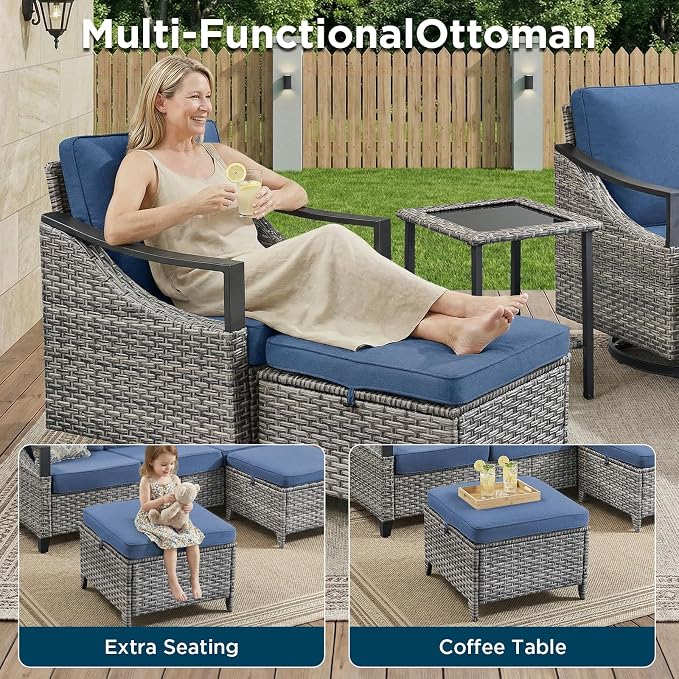 10 Piece Wicker Patio Furniture Sets-High Back Wicker Swivel Rocker Patio Chairs Set of 4 with Thick Cushions Ottomans, Outdoor Sofa, Patio Conversation Sets for Porch Balcony Patio Deck Grey/Blue