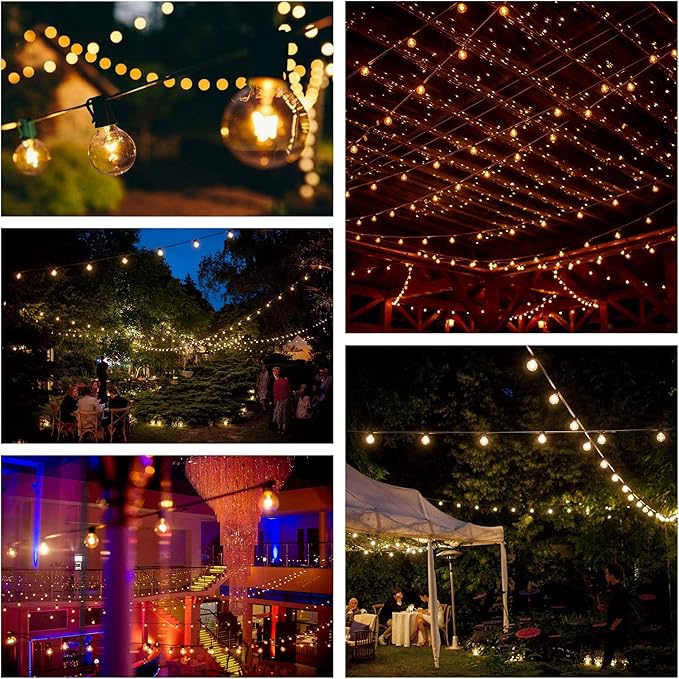 50 Foot Globe String Lights - Set of 50 G40 Clear Bulbs - Black Wire | (+ 2 Free Spares) for Patio Deck Gazebo Cafe and Party Lighting