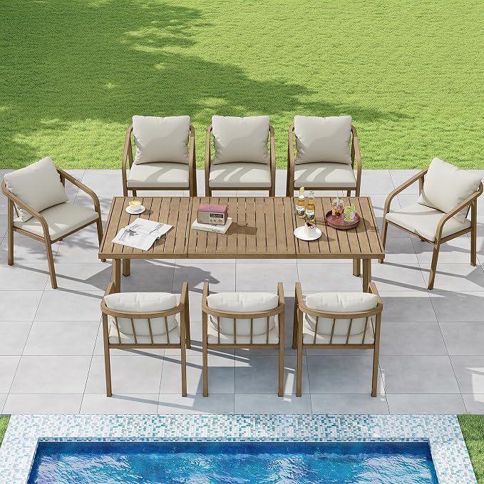 Outdoor Dining Set,7-Piece Patio Dining Table Set for 6 with Rectangular Table & 6 Thick Cushion Sofa Chair, Aluminum All-Weather Patio Furniture Set for Backyard, Garden and Poolside (Brown)