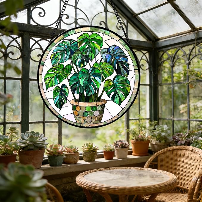 DASTOLL Stained Glass Window Hanging, Green Plant Monstera t Suncatcher Diamond Colorful Glass Panel Sun Catchers Decor for Birthday for Women, Men, Wife, Aunt, and Mom 14.9x14.9 in