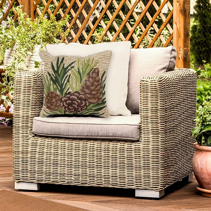 Liora Manne Lush Decor FRONTPORCH Indoor/Outdoor Handmade Pillow - Transitional Graphic Botanical Floral Accent (Pinecones Natural) (18" x 18")