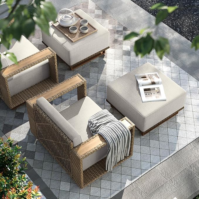 HERA'S HOUSE Patio Furniture Conversation Set, Outdoor Wicker Chairs with Ottomans, 4 Pieces Yellow Rattan Furniture with 10" Thick Cushion for Deck Yard Poolside