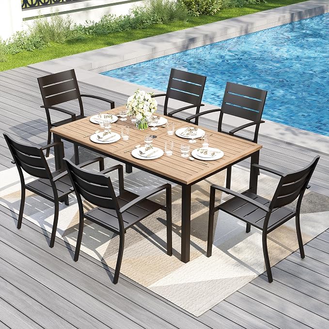 PHI VILLA Outdoor Patio Dining Set for 6,65" Rectangle Wood-Like Table | Metal Steel Table w/ Umbrella Hole& Stackable Wrought Iron Chairs, Outside Furniture Set for Deck, Porch, Backyard