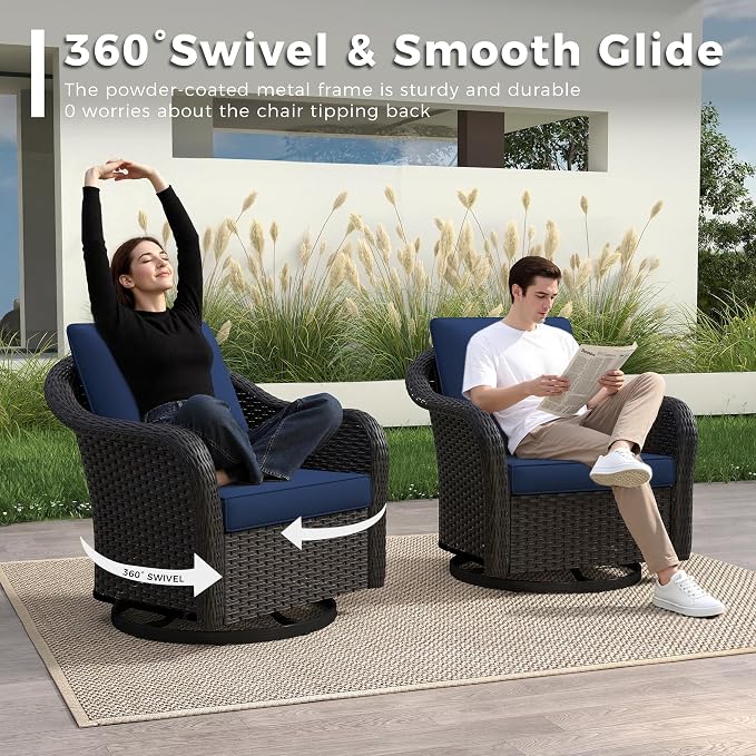 Outdoor Wicker 360 Degree Swivel Glider Rocker Chairs Set, Patio Conversation Furniture Set with Washable Cushions for Garden, Poolside (Navy Blue)