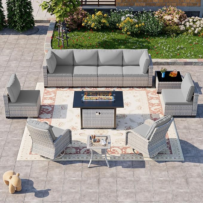 11-Piece Patio Furniture Set, Outdoor Patio Furniture with 55,000 BTU Fire Pit Table, Swivel Chairs Set, Thick Cushions, Modular Patio Sofa, Dual-Strand Wicker Rattan, Rust-Resistant Frame, Grey