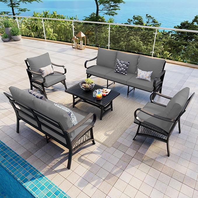 5 Pieces Patio Conversation Sets, All Weather Metal Outdoor Furniture Set with Sectional Sofa Loveseat Couch for Backyard Garden Deck Porch Poolside (Gray Cushions)