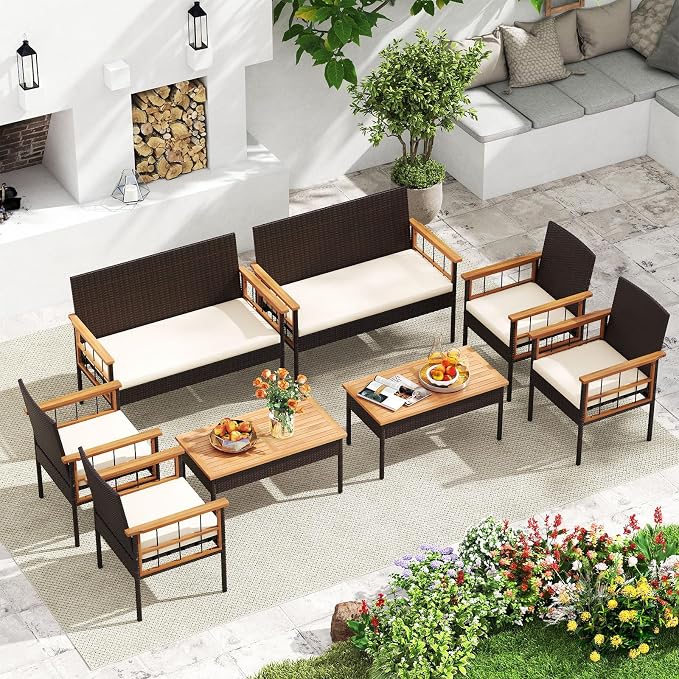 Tangkula 4 Pieces Wicker Patio Conversation Furniture Set, Outdoor Rattan Cushioned Armchairs & Coffee Table Set with Acacia Wood Tabletop for Backyard, Porch, Balcony (Off White)