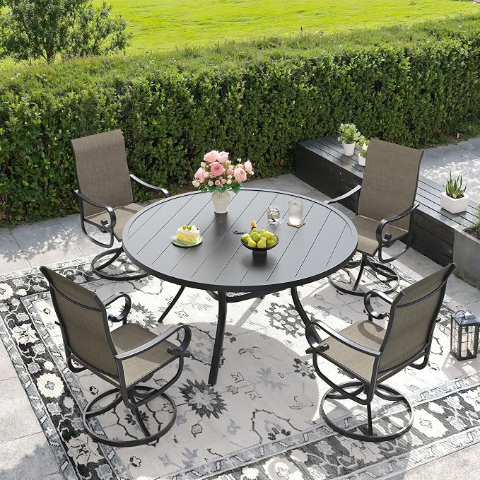 DIFY 7 Piece Outdoor Dining Set for 6, 53.1" Black Round Metal Dining Table with Umbrella Hole and Swivel Patio Chairs with Brown Textilene Fabric, Patio Table and Chairs Set for Garden Backyard Deck