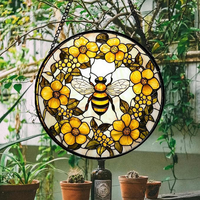 Stained Glass Window Hanging - Yellow Flowers Surrounded by Bees Sun Catcher for Door Garden Home Decor Cute Suncatcher Christmas Mother's Day Birthday Gifts for Women Men Mom Nana 7.8 in
