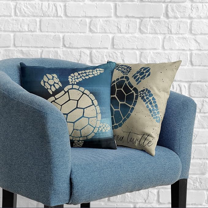 Beach Room Decor Pillow Covers Nautical Coastal Sea Turtle Throw Pillowcase 18x18 Set of 2 Blue Beige Square Linen Pillow Covers for Living Room Car Outdoor