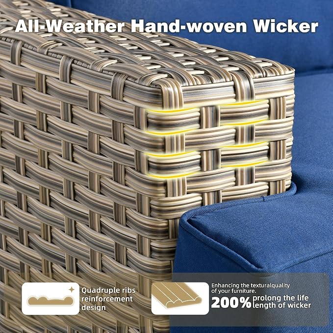 CAODOC 15-Piece Outdoor Sectional Sofa Set with 54" Fire Pit – L-Shaped Wicker Patio Furniture, Deep Seating & Swivel Rockers, Blue