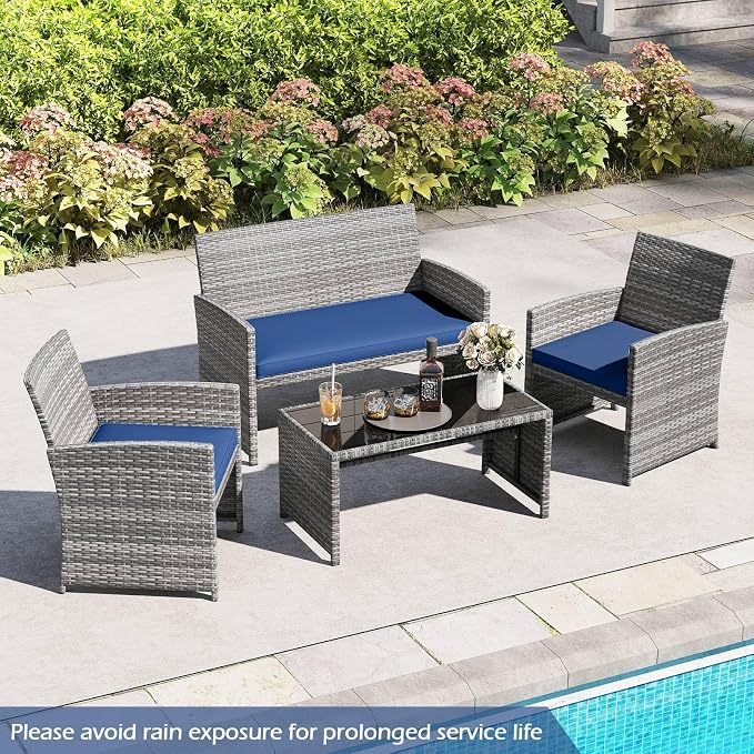 RELAX4LIFE 4-Piece Patio Furniture Set - Wicker Rattan Outdoor Sectional Sofa Set w/Glass Coffee Table, Loveseat, 2 Single Chairs & Soft Cushions, Bistro Conversation for Garden Porch (1, Navy)
