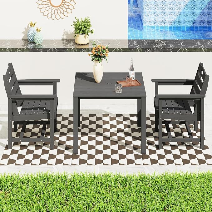 Domi HDPE Outdoor Dining Set, All-Weather Outdoor Dining Table Set of 3 with 2" Umbrella Hole, Outdoor Patio Dining Set for Garden, Poolside, Backyard, Deck, Grey