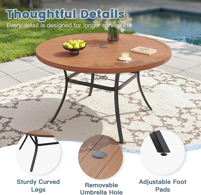 DIFY 7 Piece Outdoor Patio Dining Set for 6, Patio Table and Chairs Set with Umbrella Hole, 50" Round Dining Table and Stackable Metal Chairs for Backyard Garden Poolside, Walnut & Black