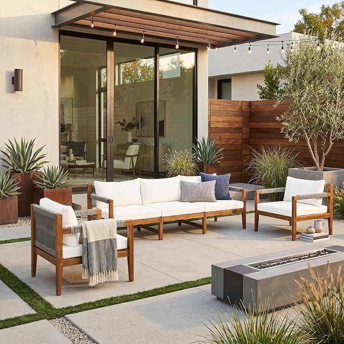 JIVOIT 3 Pieces Outdoor Rope Woven Sectional Sofa Set, Solid Acacia Wood Patio Conversation Set with Three-Seater Sofa and 2 Armchairs, Removable Cushions for Backyard, Deck and Poolside (Beige/24)