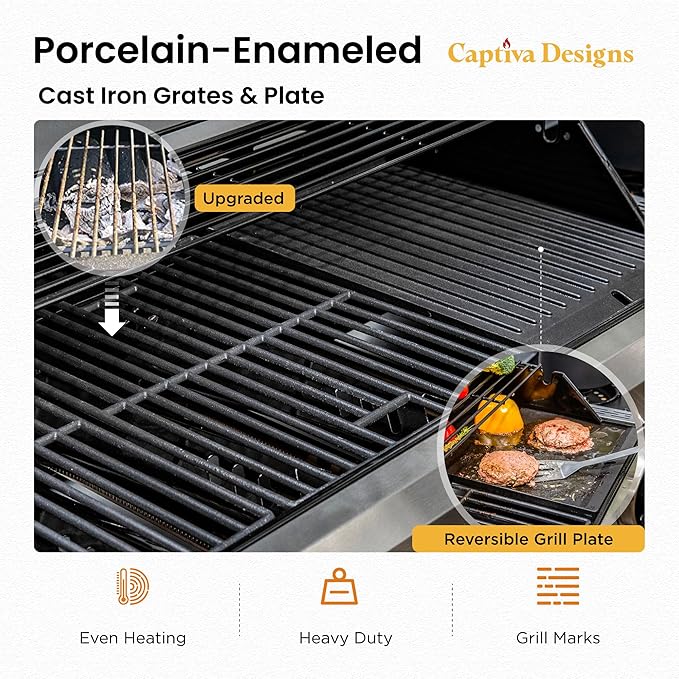 Captiva Designs 6-Burner Propane Gas BBQ Grill with Side Burner & Porcelain-Enameled Cast Iron Grate and Plate for Outdoor Barbucue Events, 52,000 BTU Output,740 SQ.IN. Cooking Area，Heavy Duty