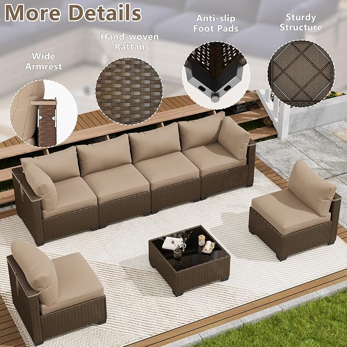 LOUVIXA 7 Piece Outdoor Patio Furniture Set, Outdoor Sectional Sofa, Wicker Rattan Patio Furniture, Patio Conversation Set with Coffee Table & Cushions