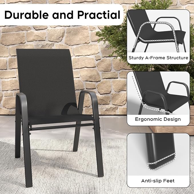 KEIKI Waterproof Patio Table and Chairs for 6, 7-Piece Outdoor Patio Dining Set, 63" x 38" Rectangular Wood-Grain Metal Table with Umbrella Hole for Lawn Garden Backyard, Black