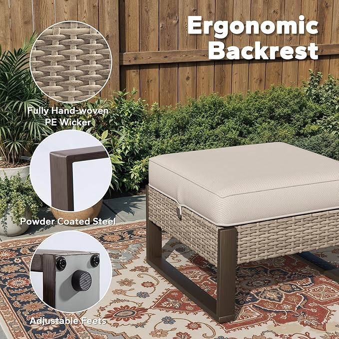 Joyside Outdoor Patio, All-Weather PE Rattan Ottomans Footstools with Removable Cushions & Anti-Rust Wood-Looking Legs for Garden, Backyard, Porch, Deck (Beige)
