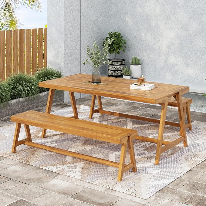 70.75'' Outdoor Patio Dining Table & 2 Bench for 4, Acacia Wood Farmhouse Dining Table Set Outdoor & Indoor Furniture for Patio Porch Garden, 3-Pcs, Teak