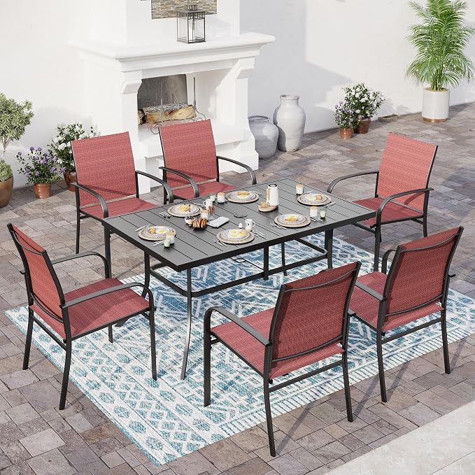 SUNSHINE VALLEY Patio Dining Set 7 PCS, Rectangular Steel Dining Table with 1.57" Hole, Red Stable Dining Chairs for 6,Patio Table and Chairs for Outdoor Lawn Garden,Deck.