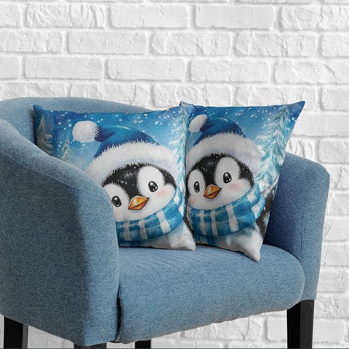 Penguin Pillow Case 24x24 Set of 2 Winter Decorative Pillow Covers Blue Winter Cotton Linen Throw Pillow Covers for Holiday Decorations Couch Outdoor Living Room