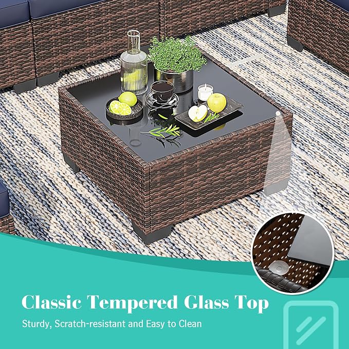 7 Pcs Patio Furniture Set, All-Weather Wicker Sofa Brown & Blue | Weather Resistant PE Rattan | Thick Cushions | Removable Easy Clean | 450 lbs | Ideal for Backyards, Poolside, Balcony
