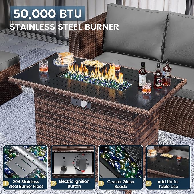 Amopatio Patio Furniture Set with Fire Pit Table, All-Weather Wicker Outdoor Conversation Sofa Set with Glass Coffee Table, Cushions & Ottomans for Deck Backyard Porch Lawn Brown/Dark Grey