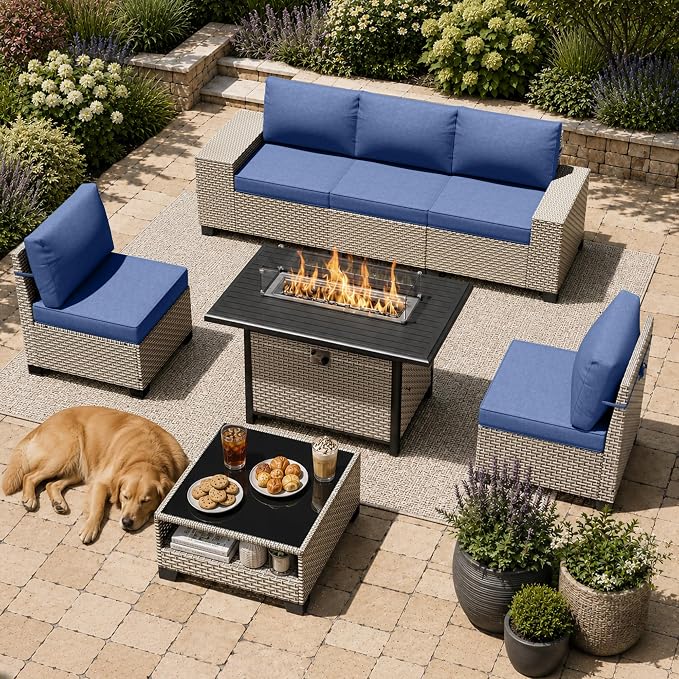 7-Piece Outdoor Patio Furniture Set with Fire Pit, Modular Sectional Sofa Set with Glass Coffee Table and Cushions, Wicker Outdoor Couch Conversation Sets, Blue