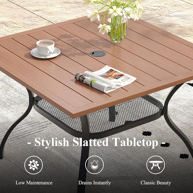 Outdoor Dining Set for 4, 37.8" Metal Outdoor Dining Table with Umbrella Hole and Sling Patio Swivel Chairs, 5 Pieces Patio Table and Chairs Set for Garden Backyard, Mixed Brown and Walnut